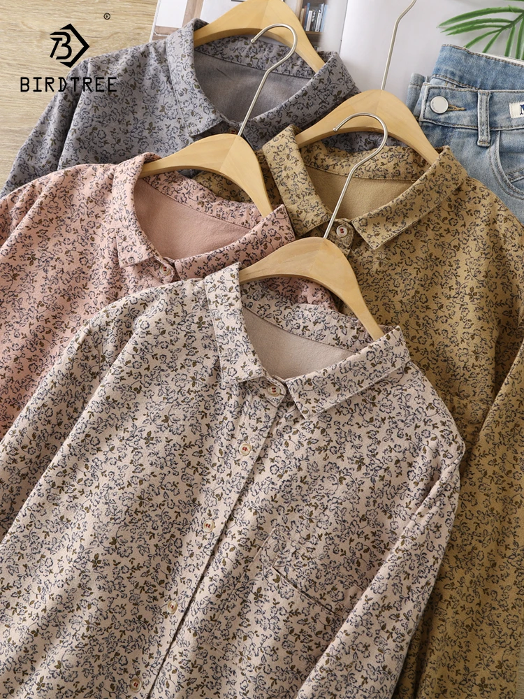 

New 2025 Spring Brushed Cotton Long Sleeve Shirt, Women Polo-Neck Print Top, Mori Girl Retro Prairie Chic Loose Blouse T4D027CC