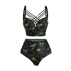 Dressfo Bikini Sets Galaxy Mushroom Skull Print Crisscross Beach Bikini Regulowany pasek Spaghetti Trójkątny dół Dwuczęściowy