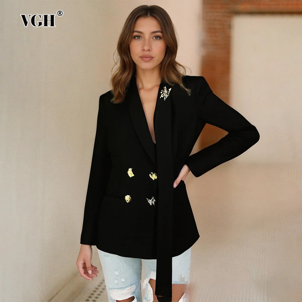 

VGH Solid Temperament Slimming Blazers For Women V Neck Long Sleeve Spliced Button Autumn Party Chic Coat Female Fashion Style