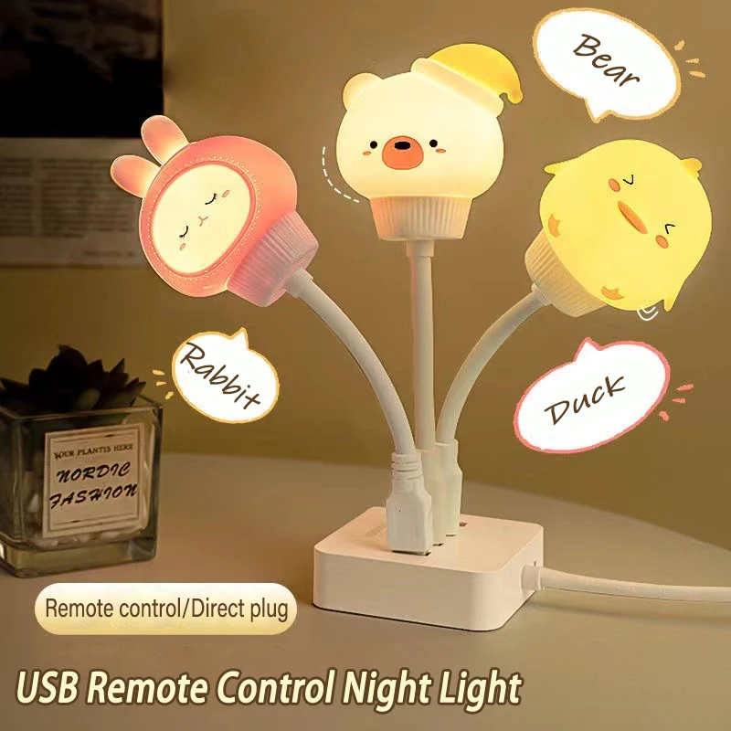 New USB Night Light 3 Mode Smart Remote Control Light Cartoon LED Night Lamp Bear Rabbit for Bedroom Decor Bedside Lamp