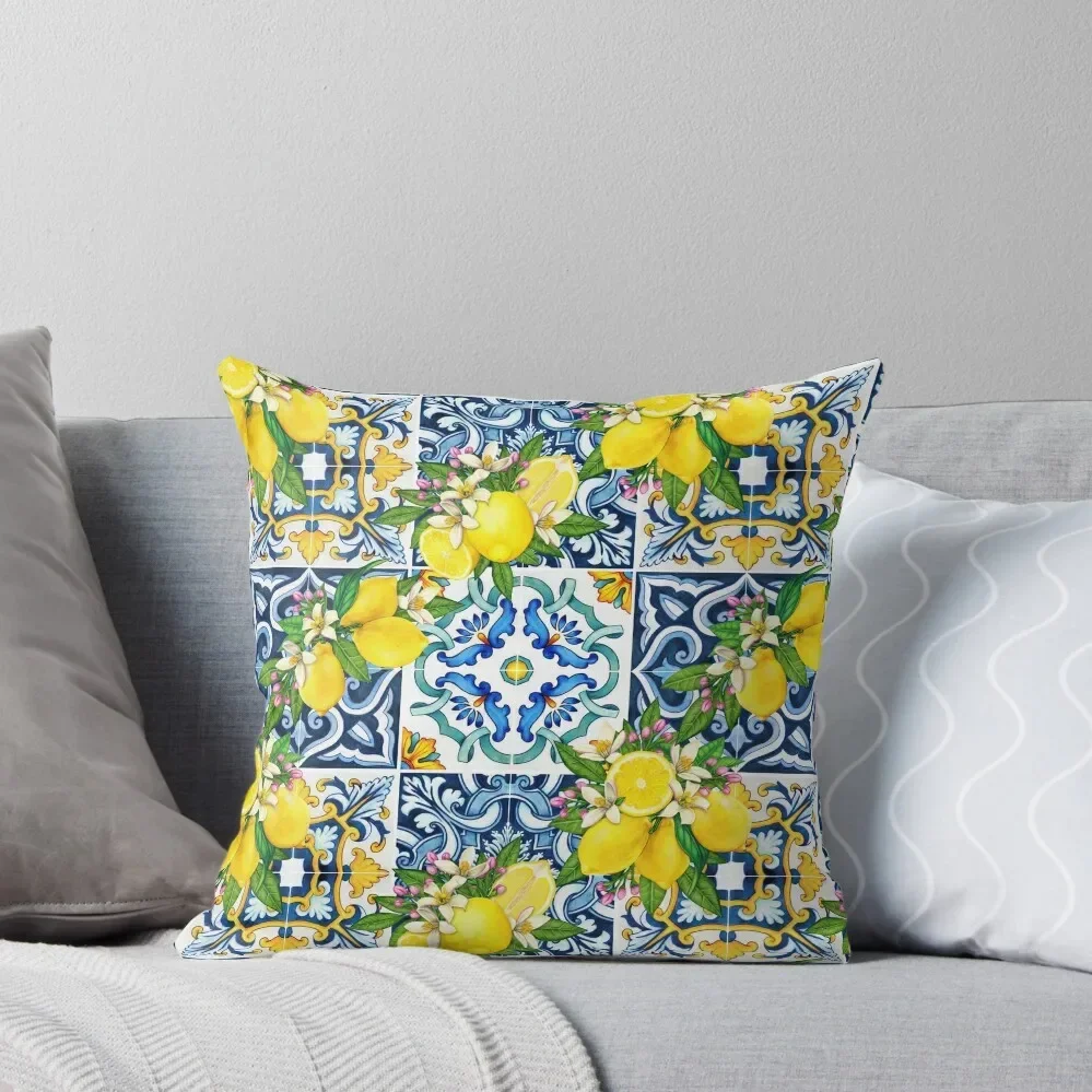 Bright Mediterranean Sicilian Tiles with Citrus Lemons Throw Pillow Decorative Cushions home decor items Cushion Cover Pillow