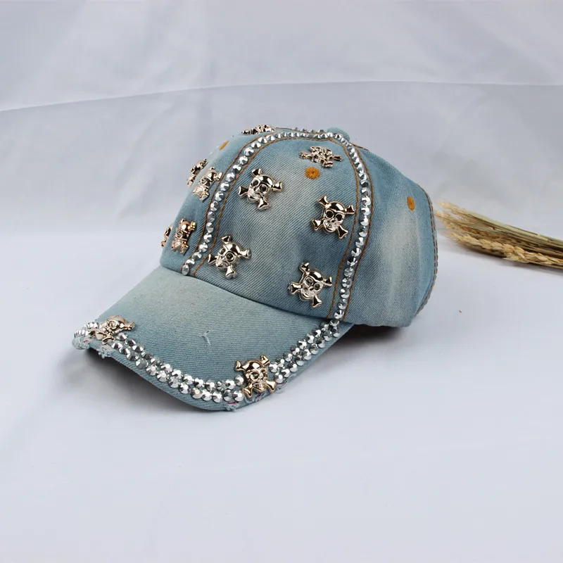 Spring Denim Vintage Baseball Caps for Men Gorras Rhinestone Sun Protection Cowboy Cap Hip hop Skull Willow Nail Punk Cap Male