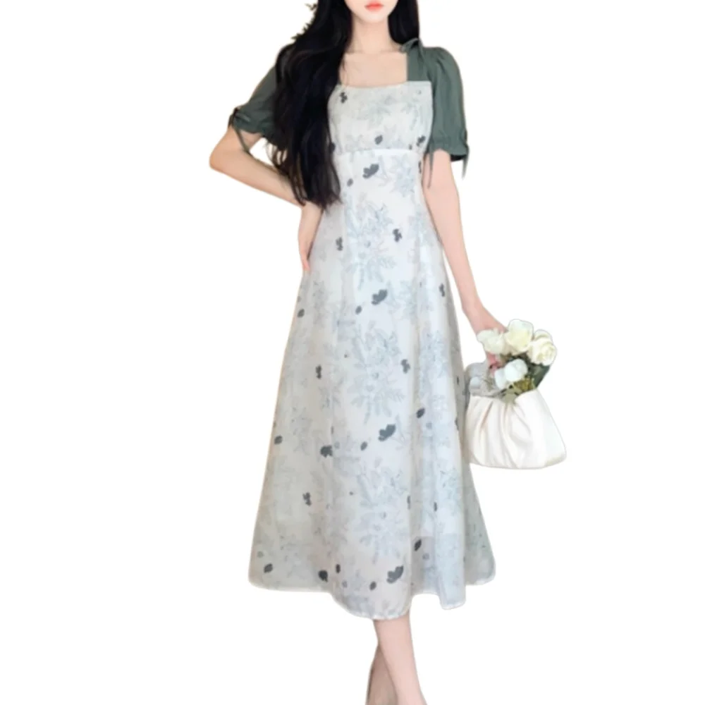 Retro Blumendruck Maxi Dr Gentle ort Sve Patchwork Damen Sommer Dr Korean Sle Commute Bubble Sve Square Co...