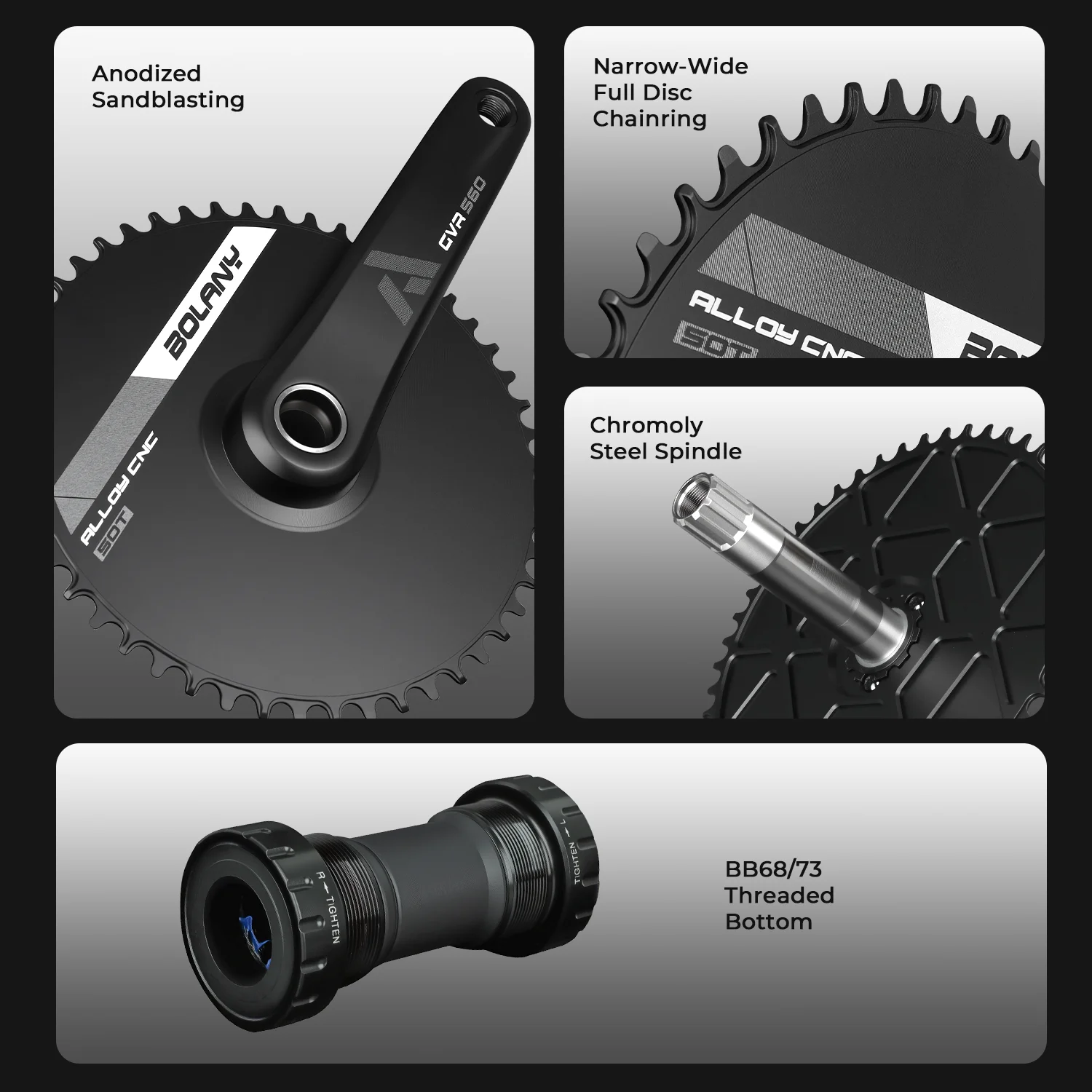 BOLANY Hollow Gravel Bike Crankset 50T Aero Chainring 170mm 7075 Aluminum Integrated 1x Crank 9-12 Speed Bicycle Chainwheel