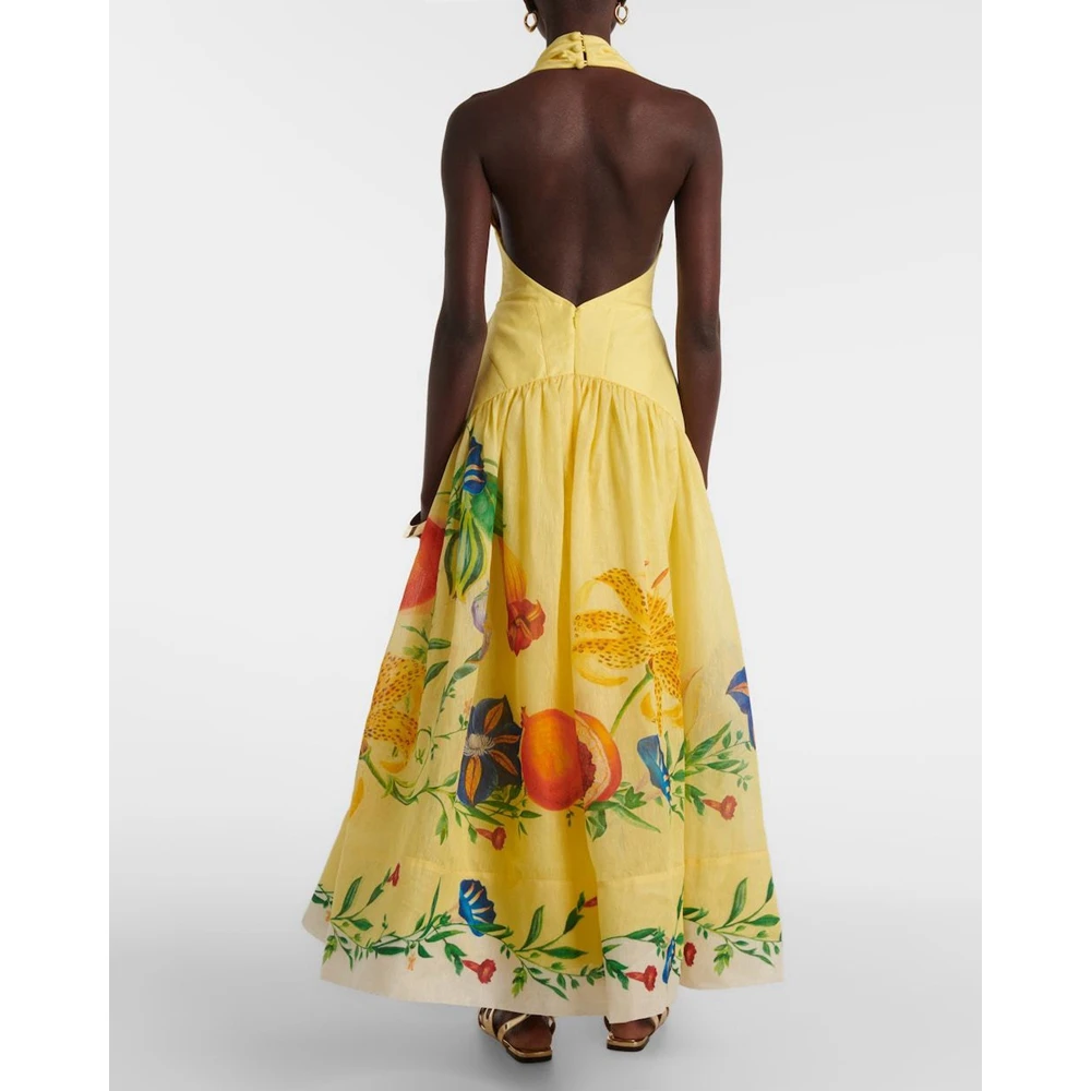 European and American printed halter backless big-swing deep V-neck dress for women