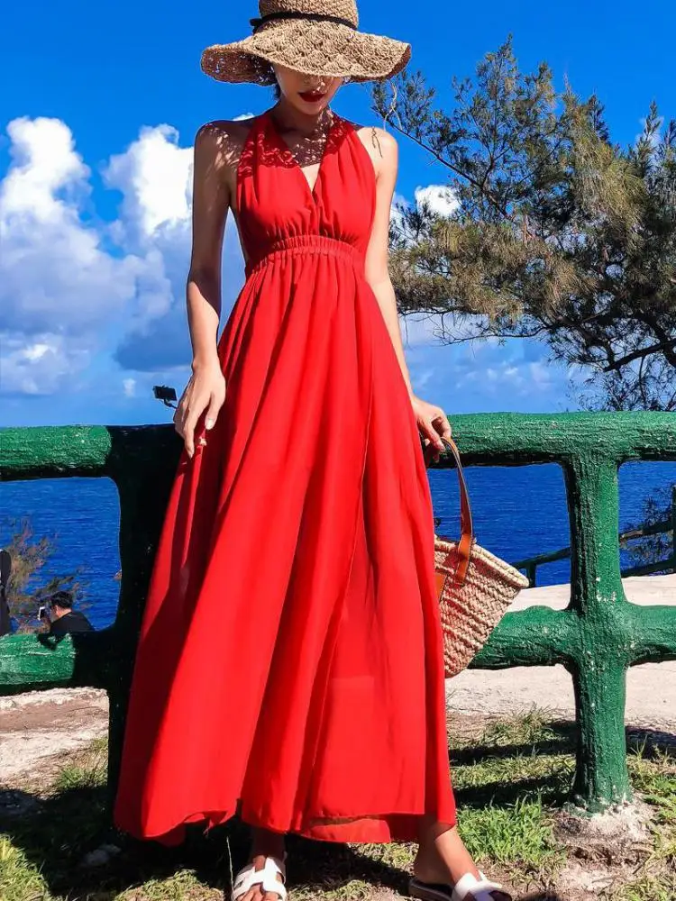 

Summer Red Elegant High Waist Pleated V-neck Halter Lace-up Long Dress Women Fashion Blue Sexy Off Shoulder Backless Party Dress