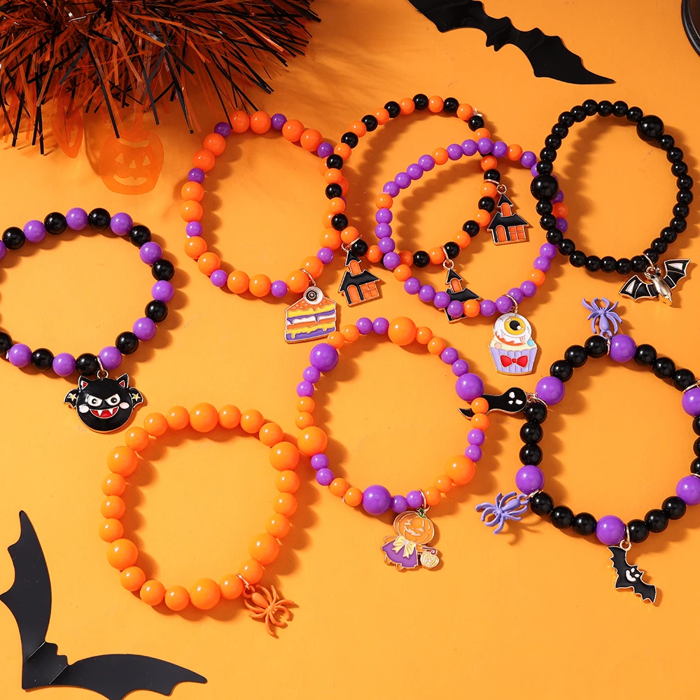 Aihua Gruselige Halloween Fledermaus Spinne Kürbis Armbänder für Frauen Männer Hip Hop Perlen Armbänder Halloween Schmuck Geschenke – Detail 3