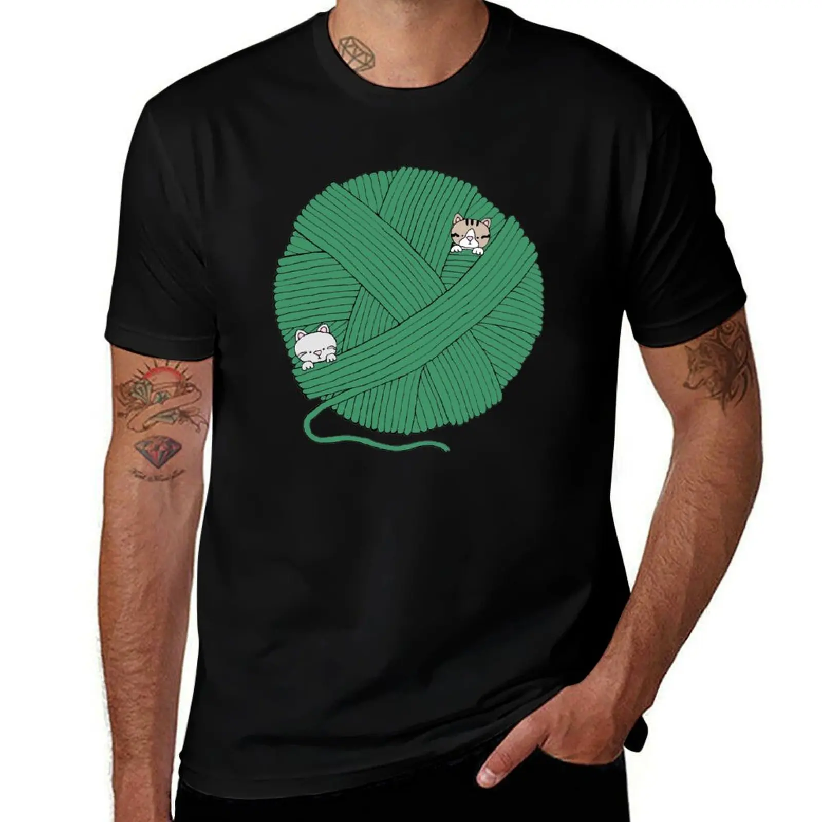 Kitty and Hannah Yarn Ball- Green T-Shirt T-shirts man funny shirt cotton heavy weight t shirts for men