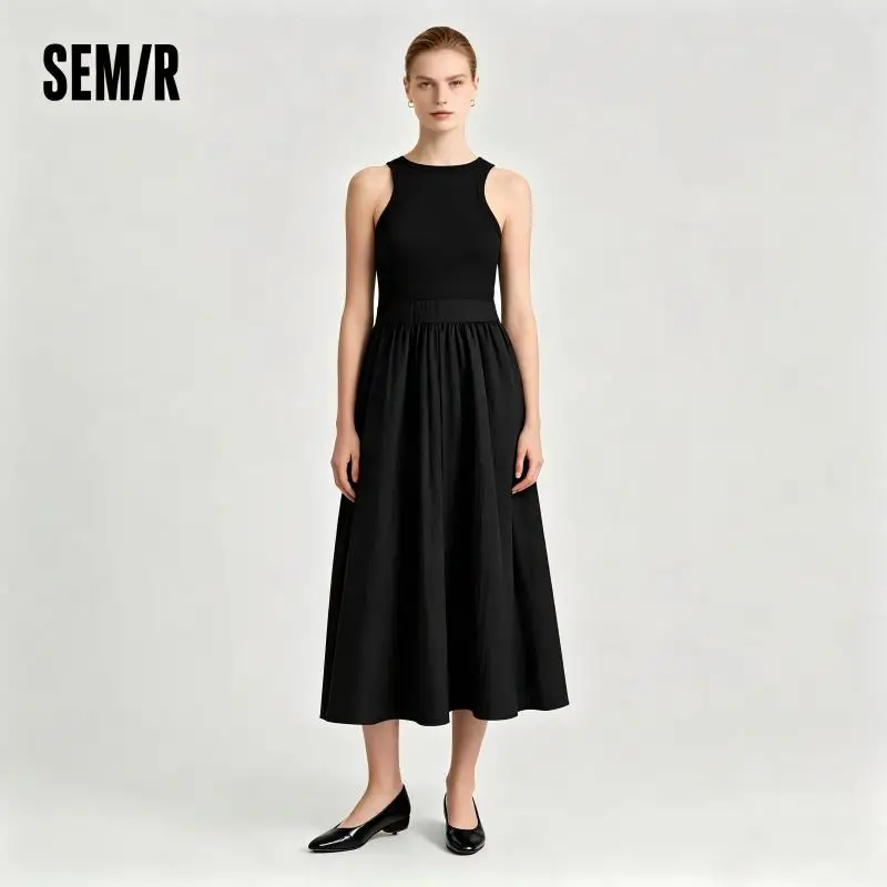 Abito Semir Donna Abito a canotta patchwork a vita alta Versatile 2025 Nuova estate Girocollo Abito lungo Pendolarismo Chic per lo stile alla moda