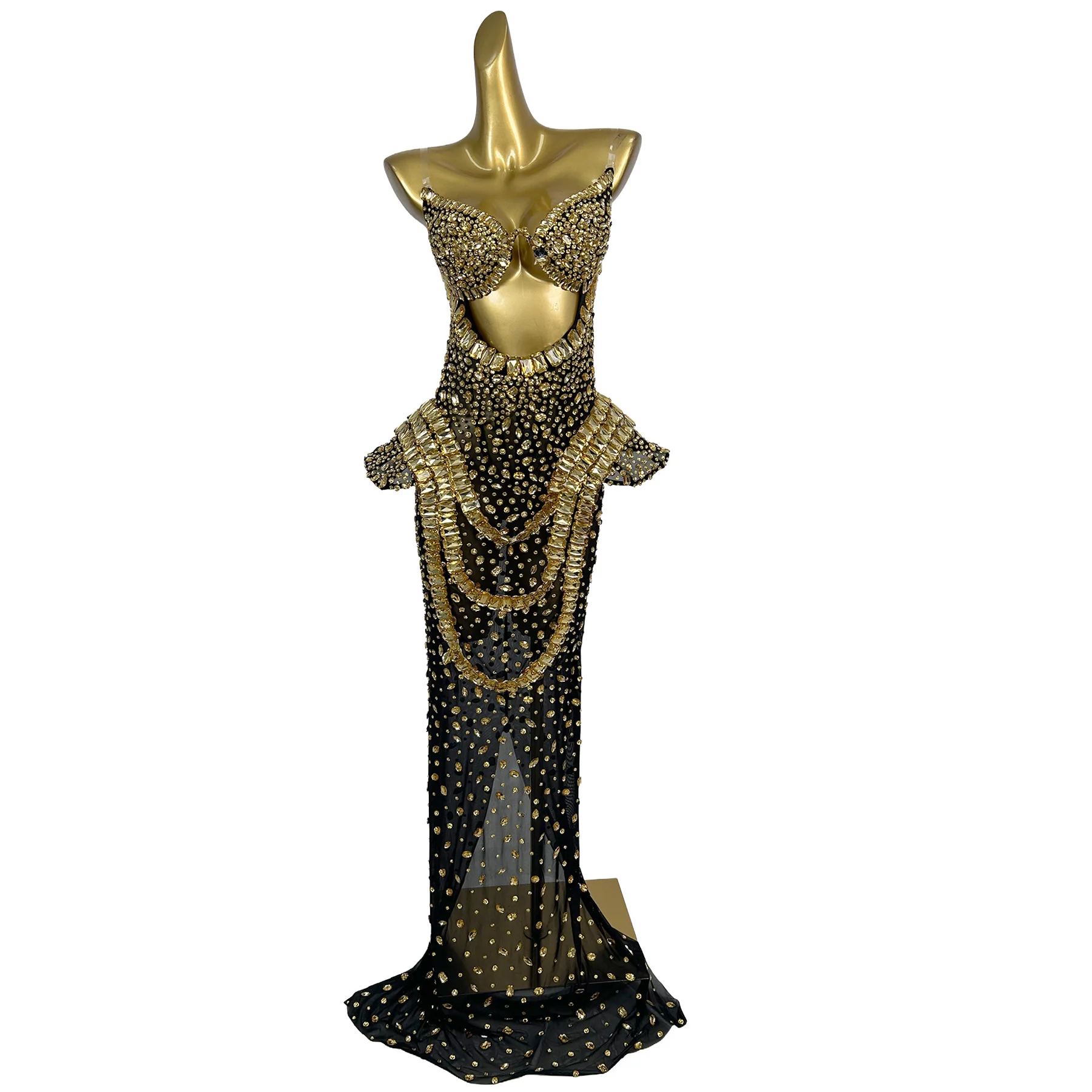 

Jinguan Black Sheer Mesh Gold Rhinestone Mermaid Gown Strapless Cutout Bodycon Dress for Stage Performance Evening Party