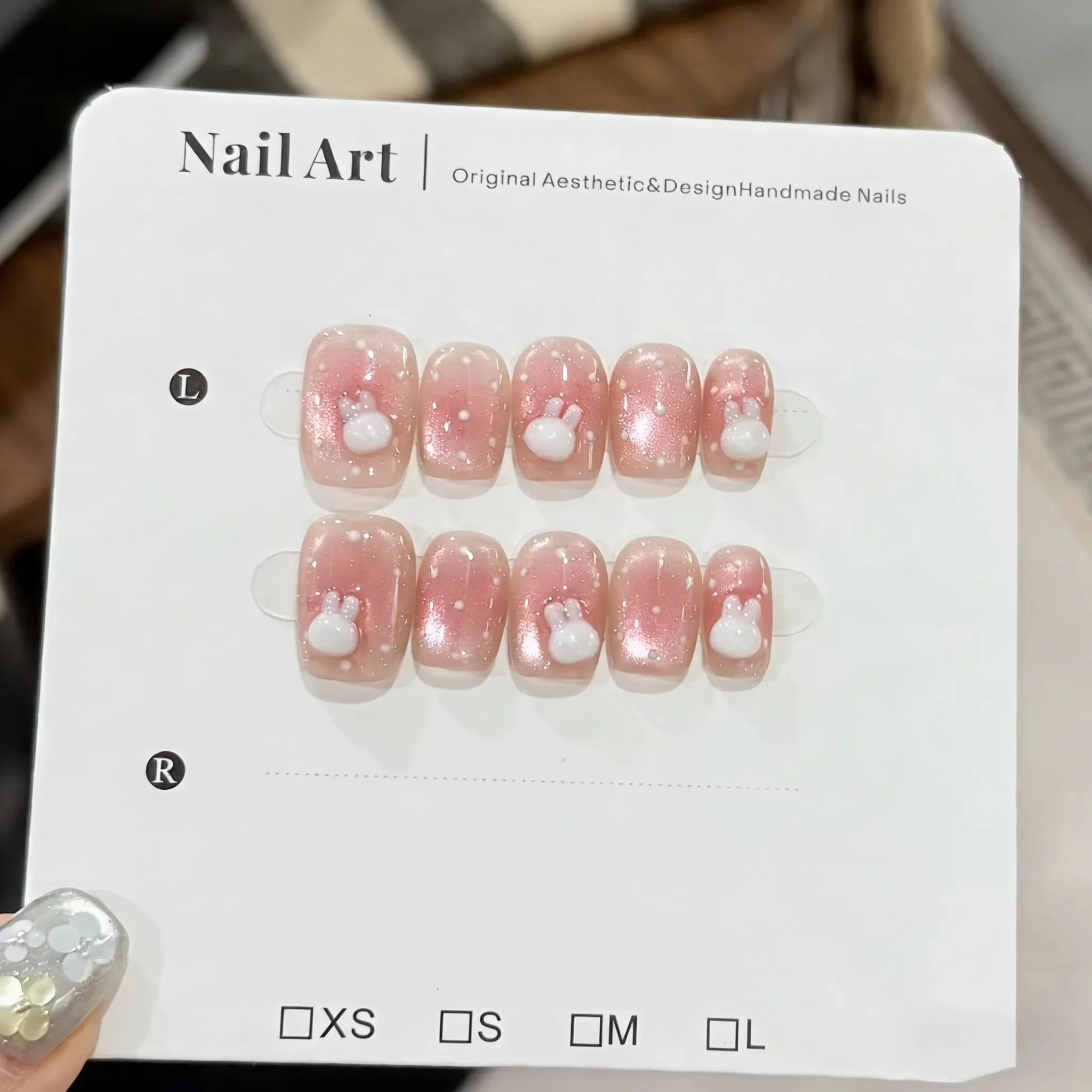 10pcs 3D Rabbit Handmade Nails Polka Dot Cat-Eye Blush Gradient Press on Nail Short Square False Nail for Women&Girl Fake Nail