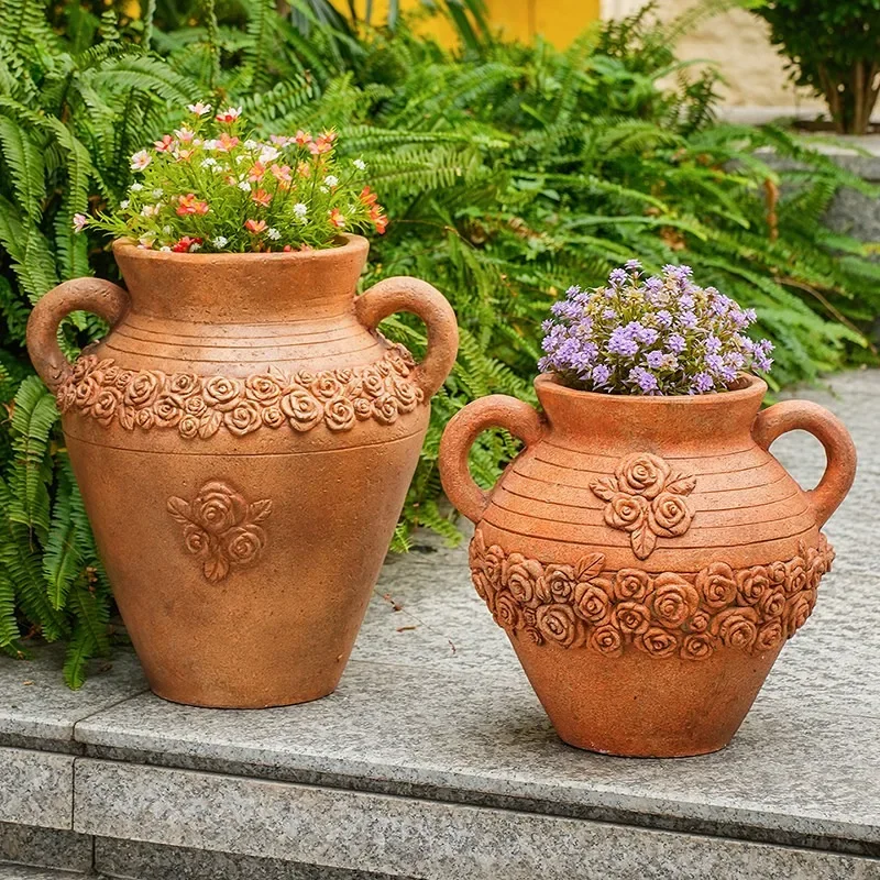 Chinese retro rose pot creative pattern binaural vase imitation pottery flower ware outdoor garden ornament garden decoration