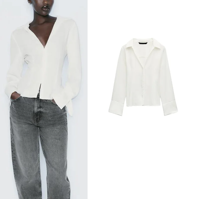 Spring New Women's Simple Versatile Invisible Button Slim Fit Collared Long Sve irt Polyester Fiber 00% Regular Length