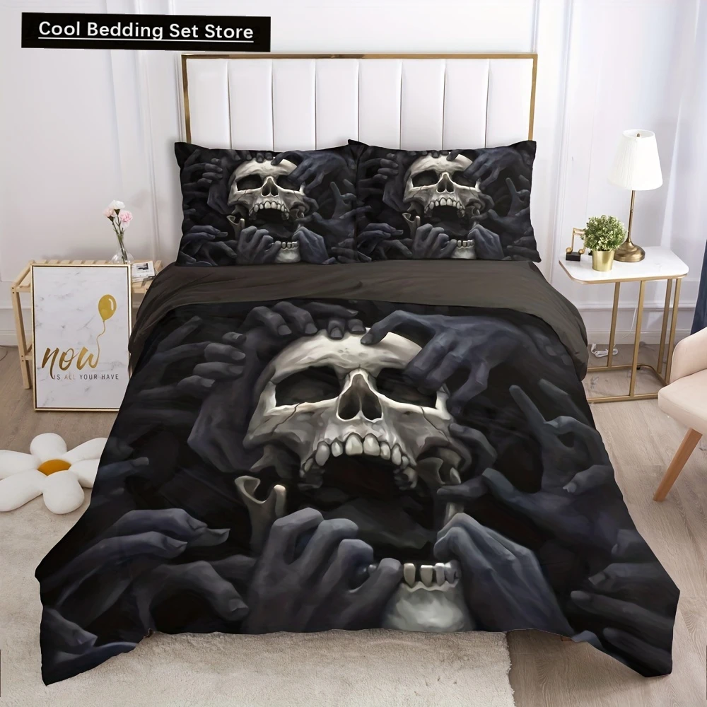 2/3pcs 3D Skull Printed Duvet Cover Set (1 Duvet Cover + 1/2 Pillowcase), Soft Cozy Anime Bedding Set For Bedroom Guest Room