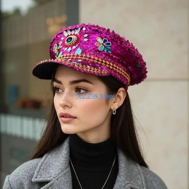 T21F Sombrero capitán con diamantes imitación coloridos incrustados con diamantes imitación para mujer, ropa fiesta,