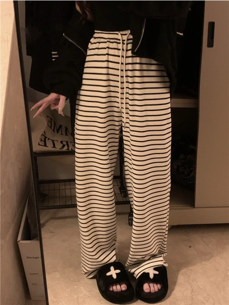 Wide Leg Pants Women Soft Loose Striped Leisure Spring High Waist Korean Style Trendy Ulzzang Harajuku Street Simple Full Length