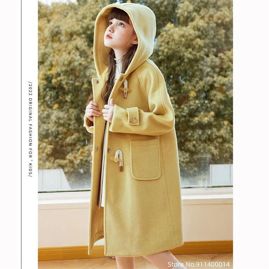 Teenage Girls Clothing 12 14 Years Winter Kid Coat Casual Long Wool Outerwear Autumn Winter Fashion Solid Color Girl Overcoat