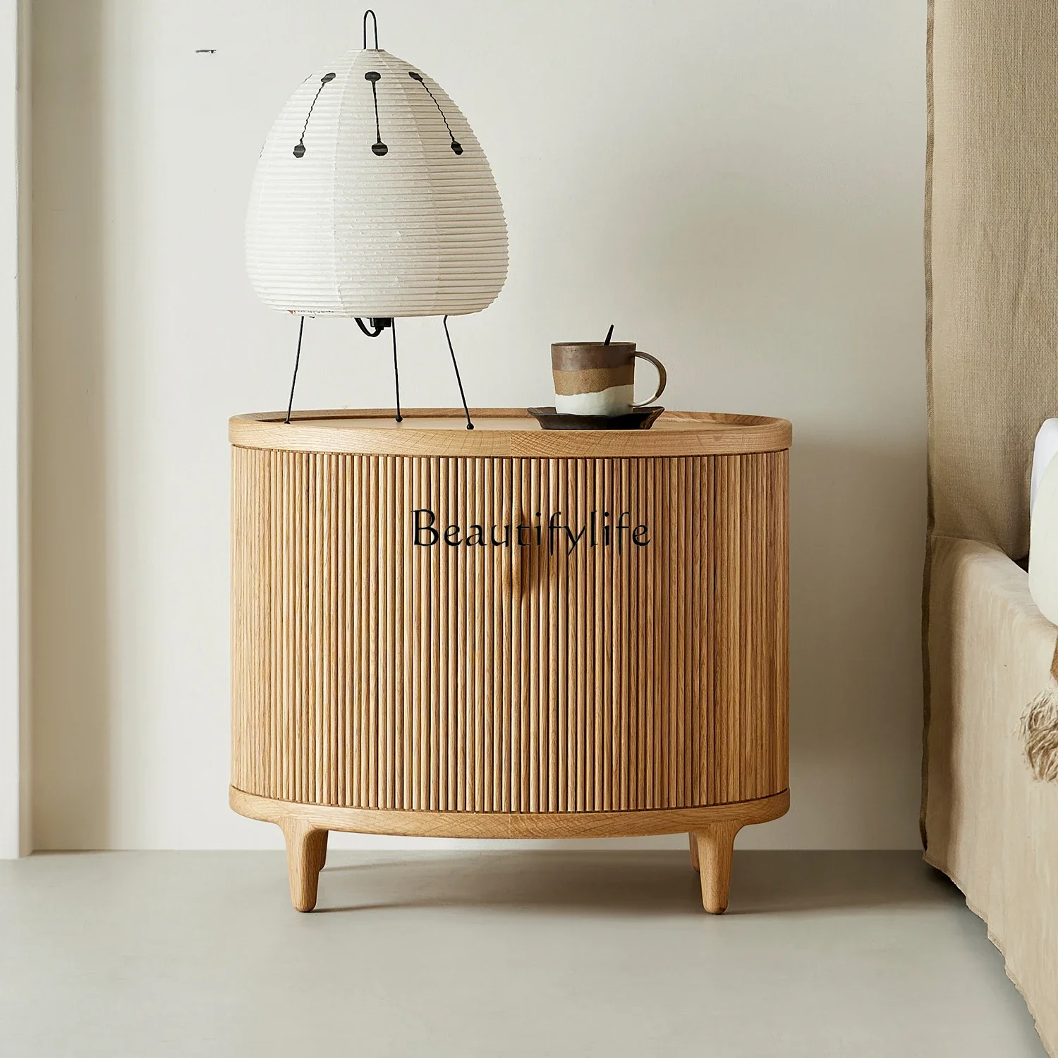 

FG40Japanese-style rolling shutter door white oak round cabinet bedroom solid wood light luxury high-end bedside table