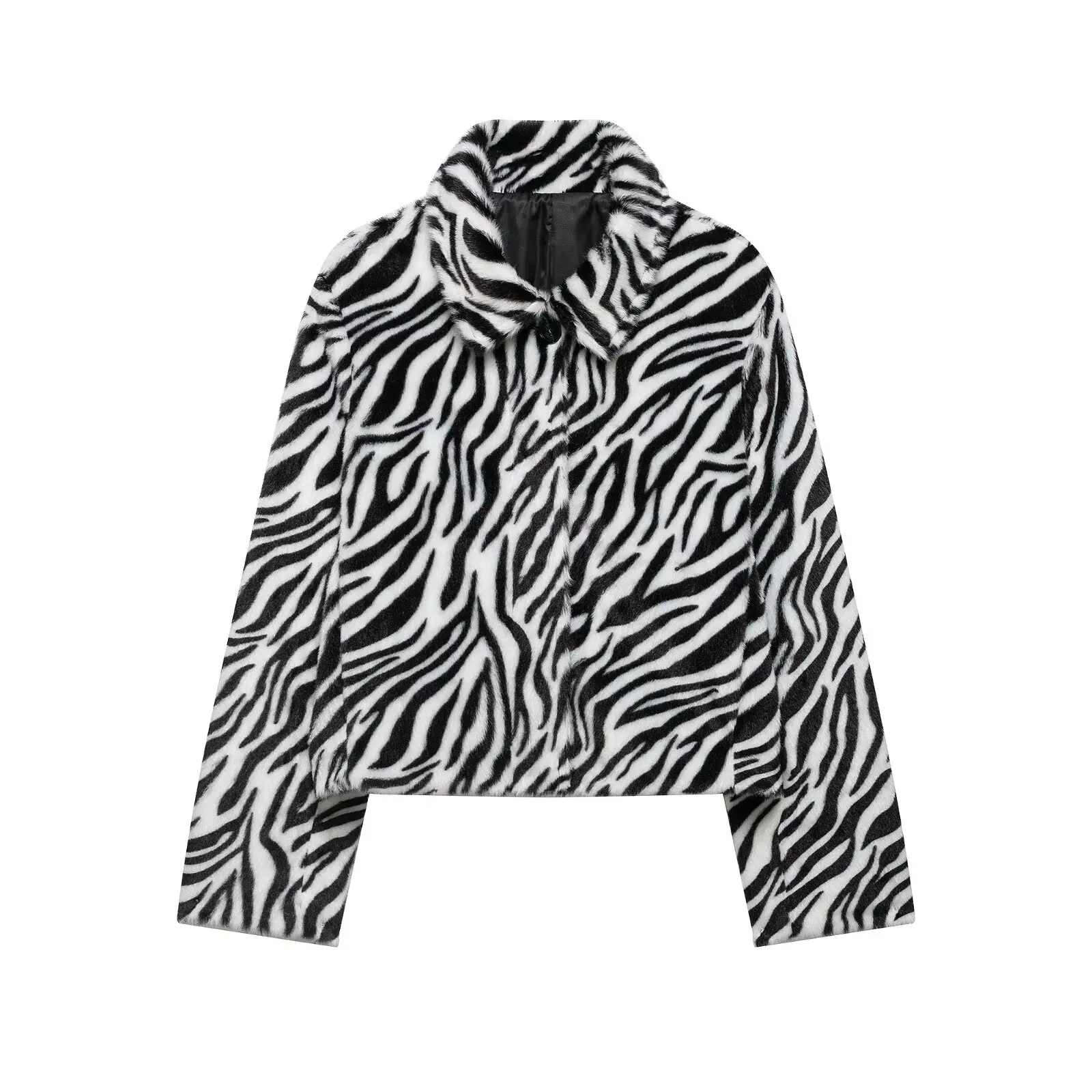 Womens Vintage Zebra Pattern Faux Fur Coat Turn Down Collar Short Jacket Long Sleeve Warm Fluffy Casual Chic Party Clubwear Tops