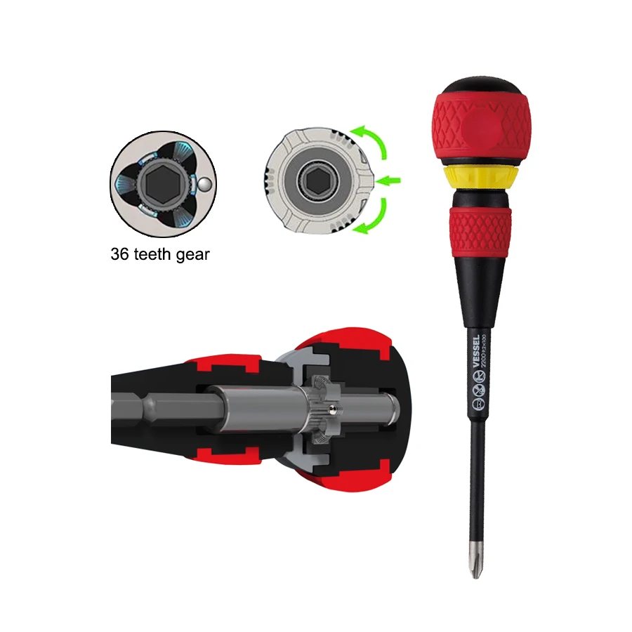 VESSEL 2 PCS Ratchet Screwdriver Set 36 Gears Phillips Screwdrivers 2in1 Cross Slotted Screwdriver 2200 +2X100 -6X100