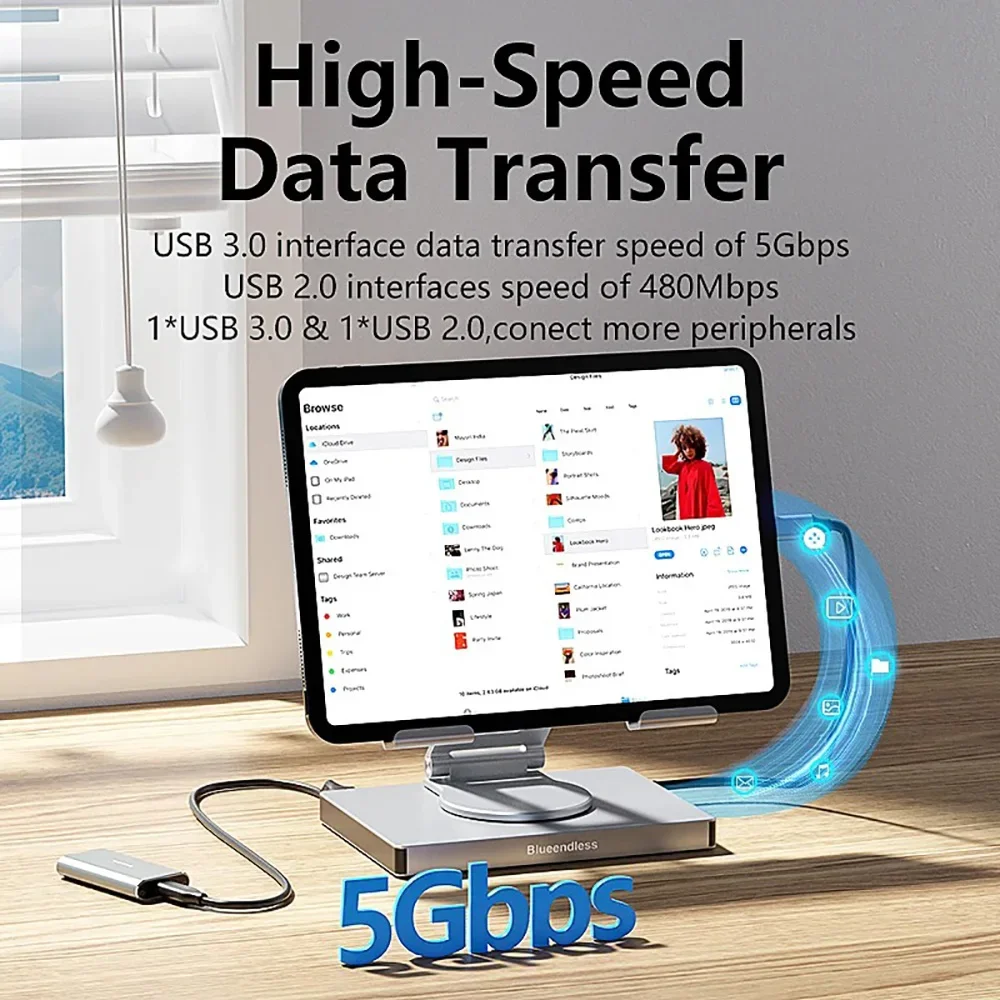 KEBIDUMEI Rotable Tablet Bracket Docking Station 7 Ports USB C HUB USB 3.0 HUB Type C to HDMI 4K30Hz RJ45 100Mbps PD100W SD TF