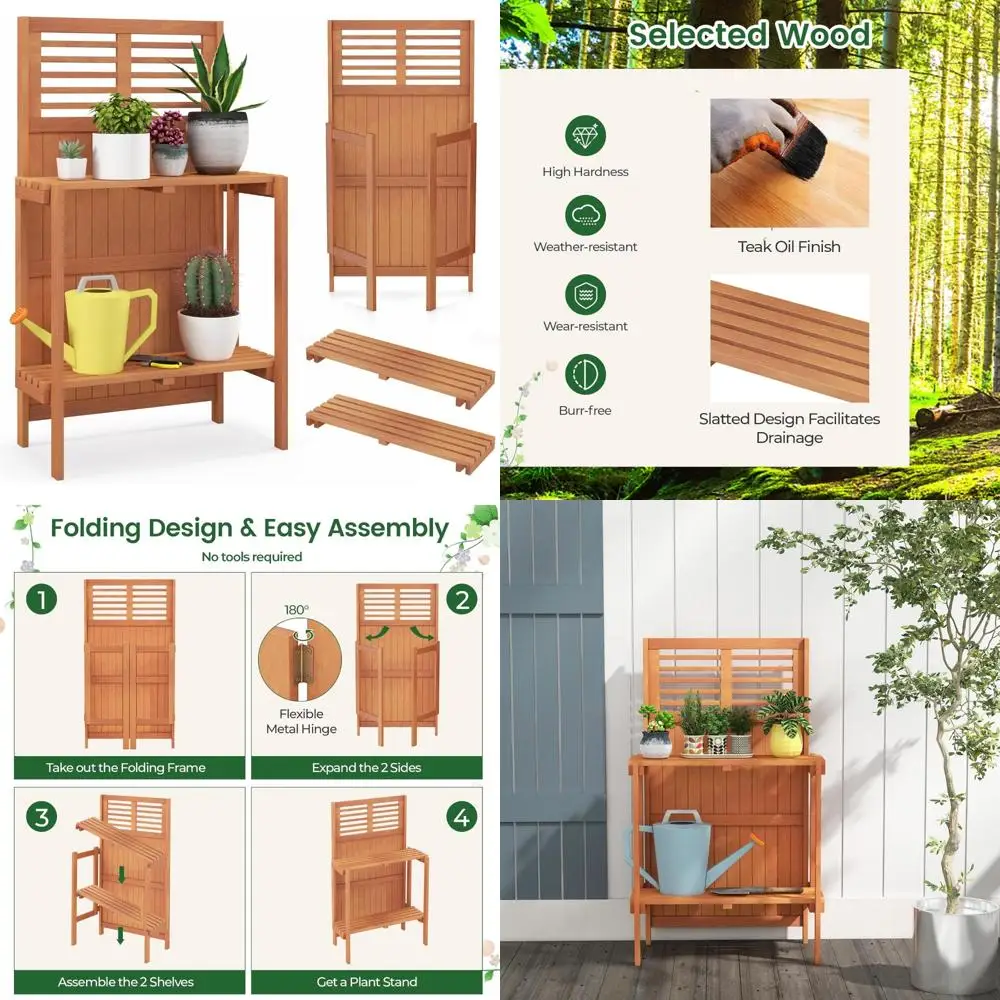 مقعد قابل للطي بطبقتين مع أرفف تخزين، محطة عمل خشبية للبستنة الخارجية للشرفة والساحة #1