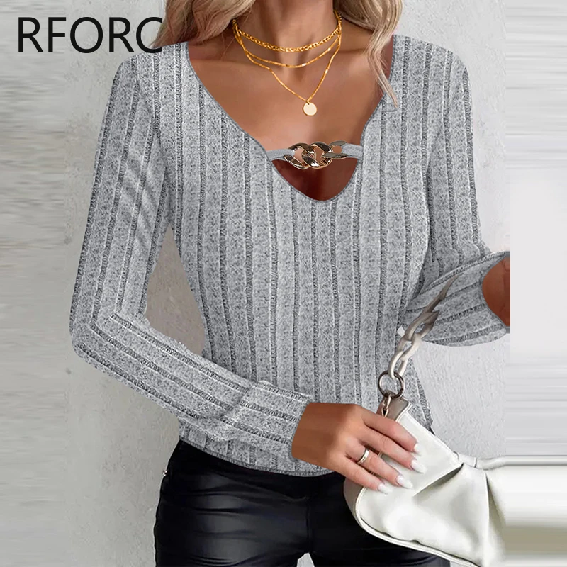 2023 Women Striped Deep V Neck Metal Decor Long Sleeves Knitting Basic Blouse Top