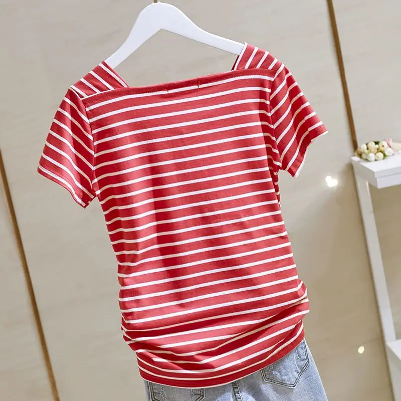 100% Cotton T Shirts Women Fashion Striped V-Neck T-Shirt Casual Short Sleeve Tops 2024 Summer Trend Thin Oversized Tshirt Y2k