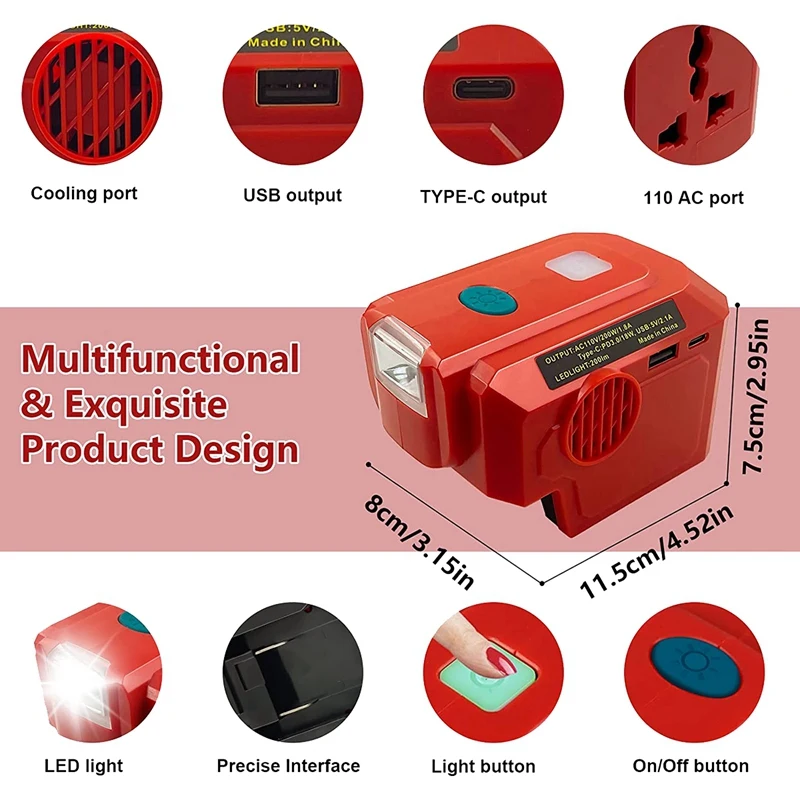 Inversor de fonte de alimentação de plástico para bateria de lítio Milwaukee 18V, inversor de energia de onda senoidal modificada DC 18V para AC 120V