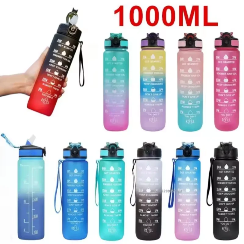 Bouteille d'eau en plastique de couleur dégradée de 1000ml, avec paille, anti-fuite, pour sport, voyage en plein air, Fitness, cyclisme