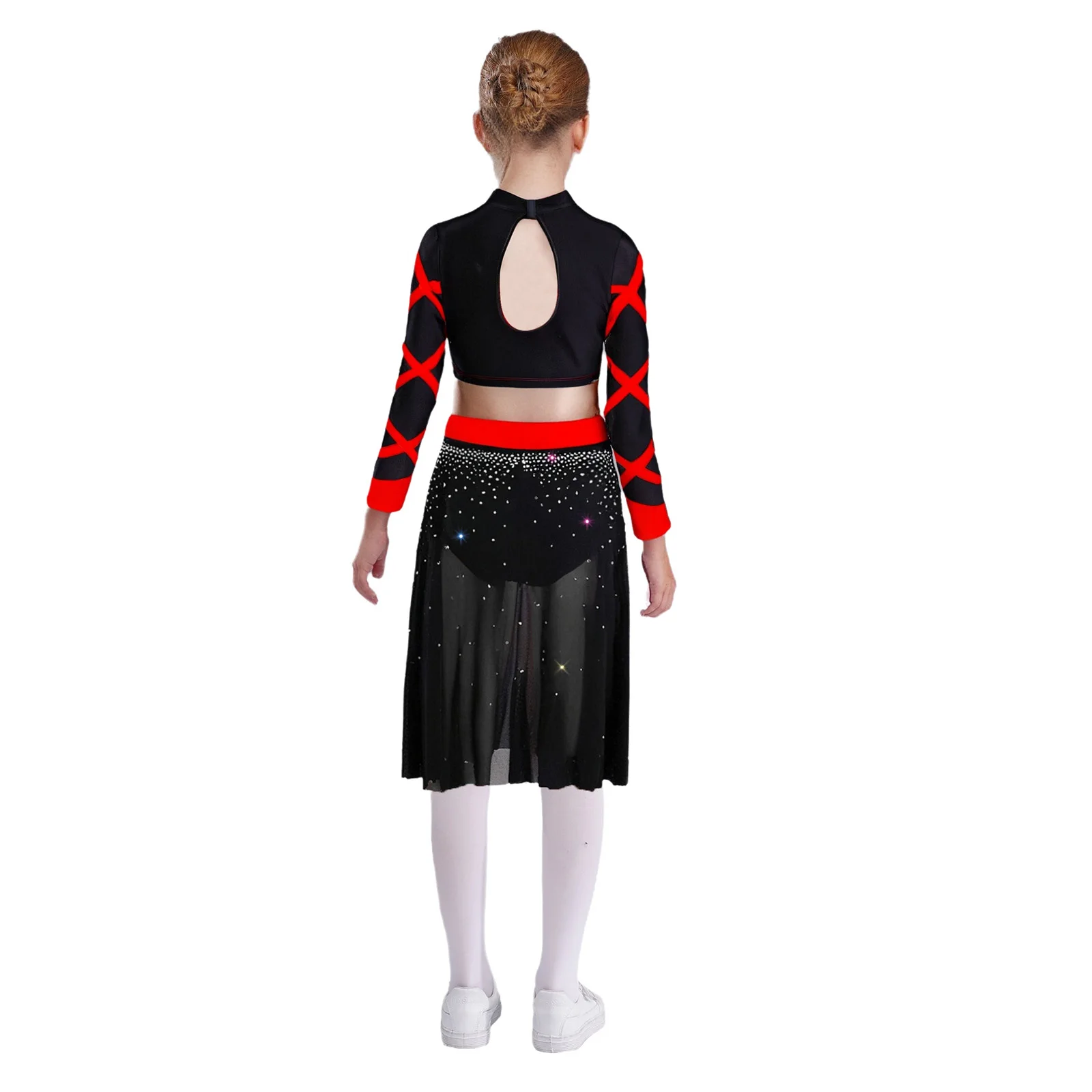 Tenue de danse lyrique de Ballet pour enfants filles, manches longues, trou de serrure au dos, strass brillants, haut court avec bouton de nœud, jupe en maille fendue sur le côté