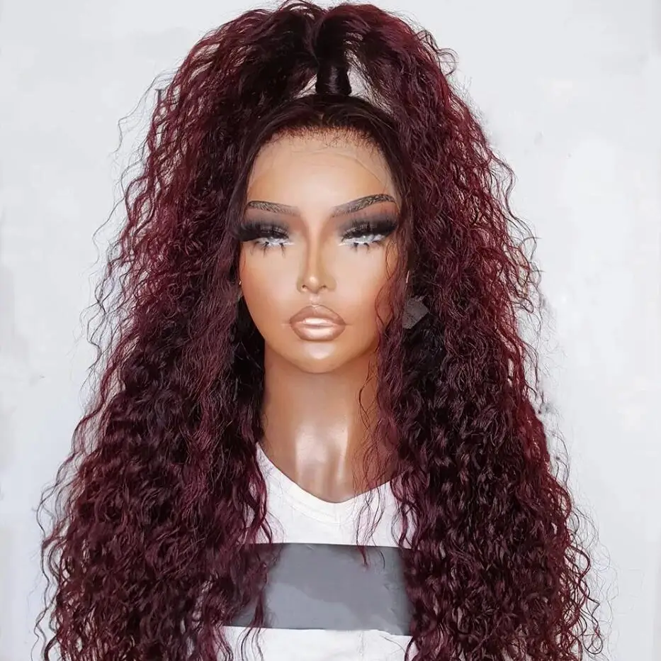 Peruca dianteira do laço longo Kinky Curly para mulheres, cabelo macio do bebê, sem cola, resistente ao calor, pré-arrancadas, diariamente, vermelho, peruca, 180 Densidade, 99j, 26"