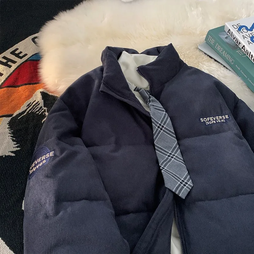 

Men's Thiened Corduroy Cotton Jaet Loose Casual Winter Warm Coat Retro American Trendy Brand Cleanfit Zipper Closure