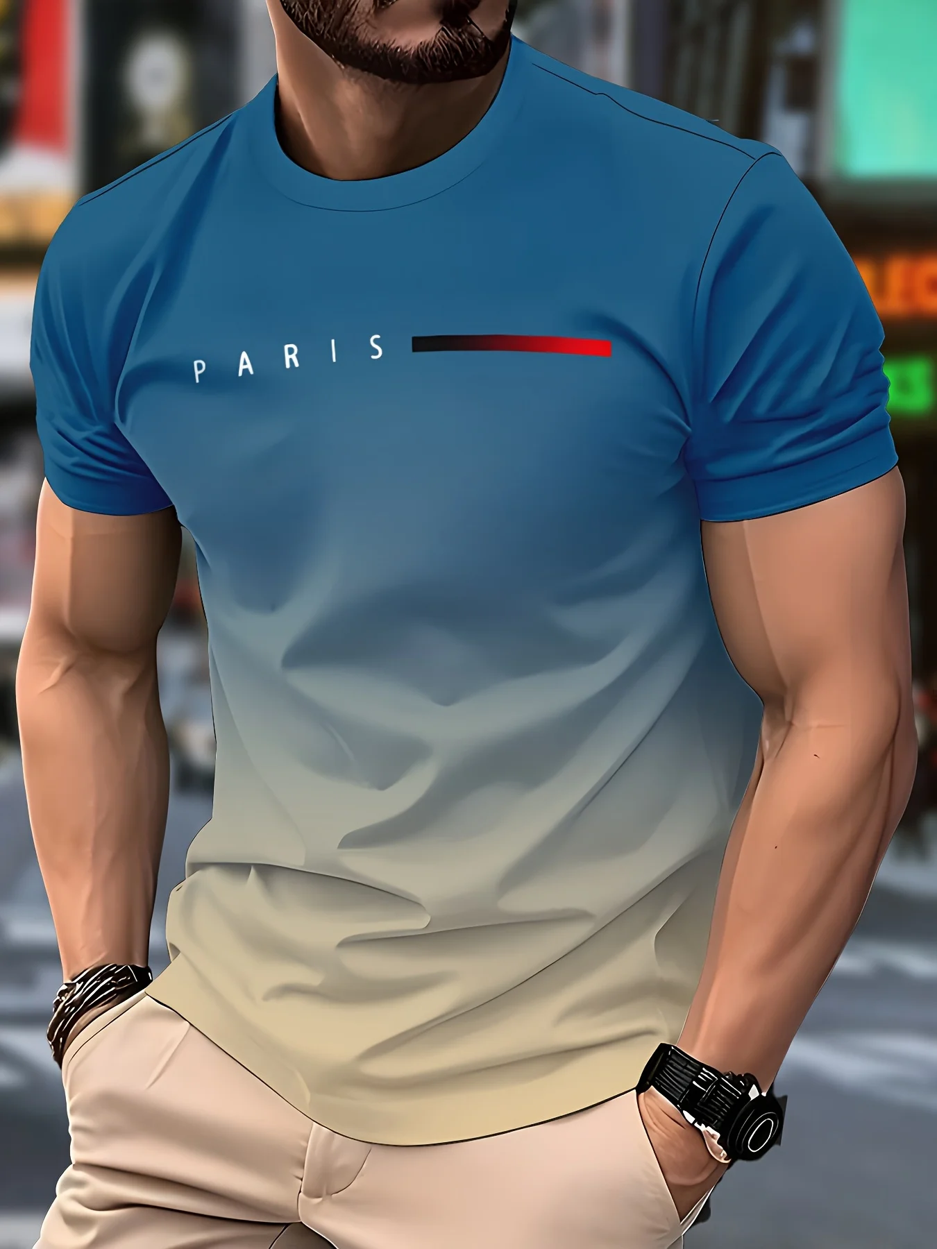 

Summer Oversized T Shirt Man Loose Paris Gradient Male T-Shirt Letter Print Casual Slim Round Neck Short Sleeved T-Shirt Top