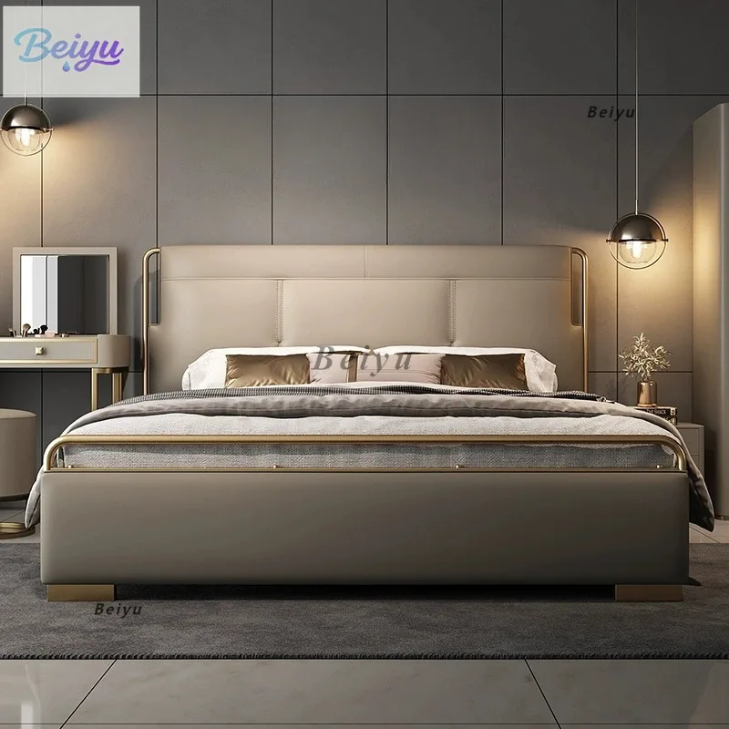 

Light luxury master bedroom American luxury atmosphere high back leather bed Italian style post-modern leather storage wedding d