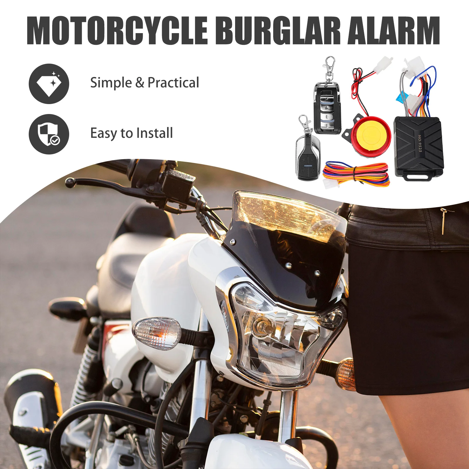 

Audible Alarm System with Remote Start Antitheft Systems Motorcycle Kit Sound and Light Motorbike Security Accessory
