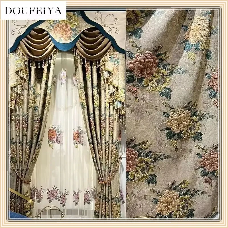 Curtains for Living Dining Room Bedroom Embossed Luxury Thickened Blackout Window Curtains Retro Print Nature Vertically Tulle