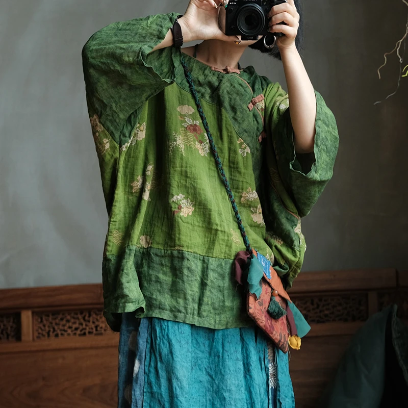Oversized Women Cotton Casual Shirt New  2026 Chinese Style O-neck Floral Print Loose Comfortable Female Tops Shirts M2821