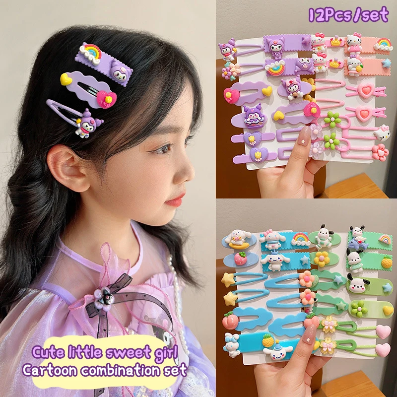 Sanrio-Pinza para el pelo de Hello Kitty para mujer, pasador con flequillo, pasador lateral, accesorios para el cabello, 12 piezas