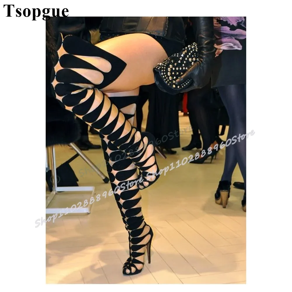 

Thigh High Black Splicing Air Mesh Strappy Boots Stilettos High Heel Shoes For Women Back Zipper Pointed Toe Casual Women Boots