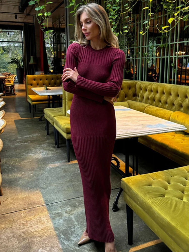 Trendix Knit Elegant Burgundy Dress Women Slim High Waist Long Sleeve Elasticity Maxi Dresses Femme Basic Vintage Knitwear Dress