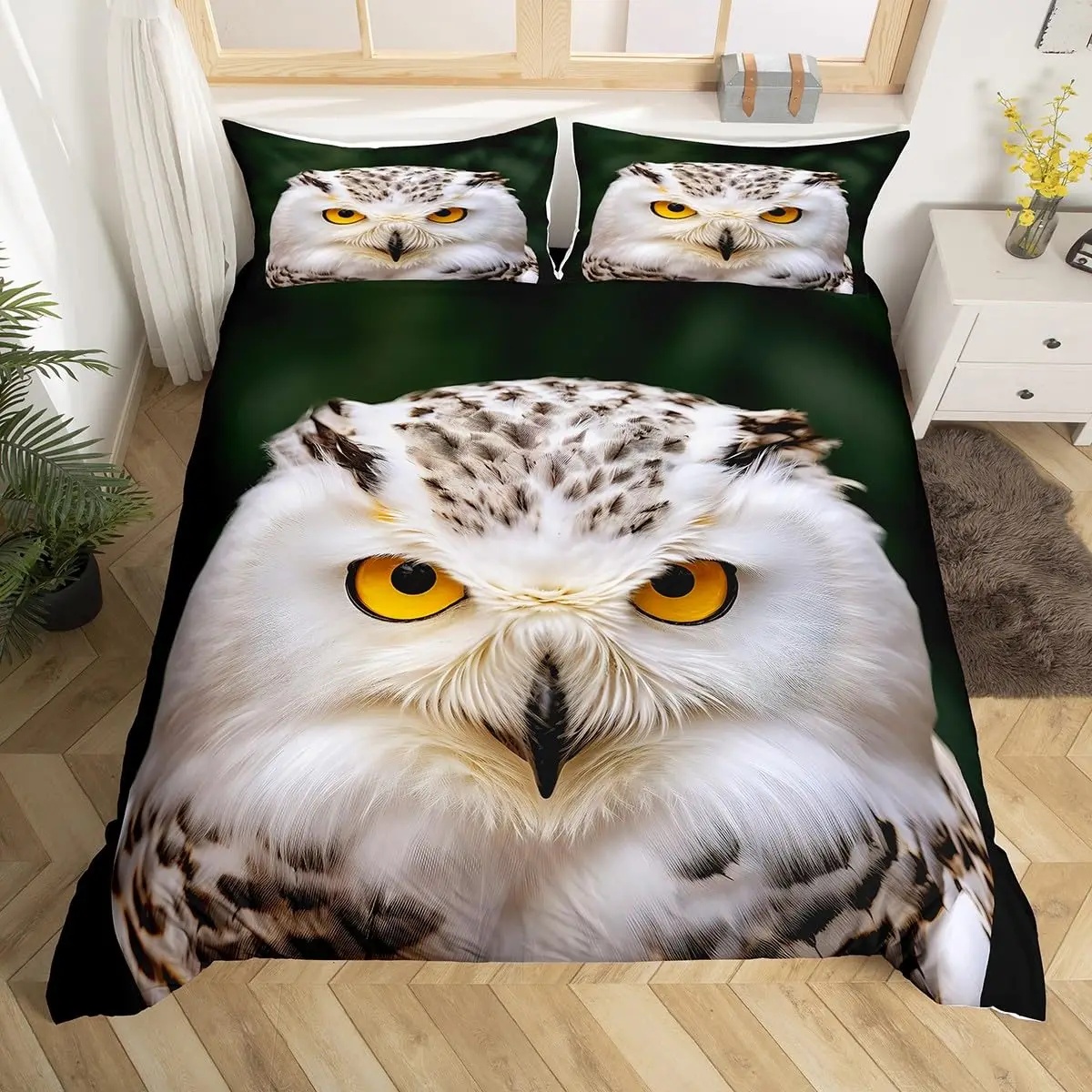 White Owl Bedding Set Cute Bird Decor Duvet Cover 3D Animal Printed Comforter Cover for Boys Girls Children Teens Bedroom Decor