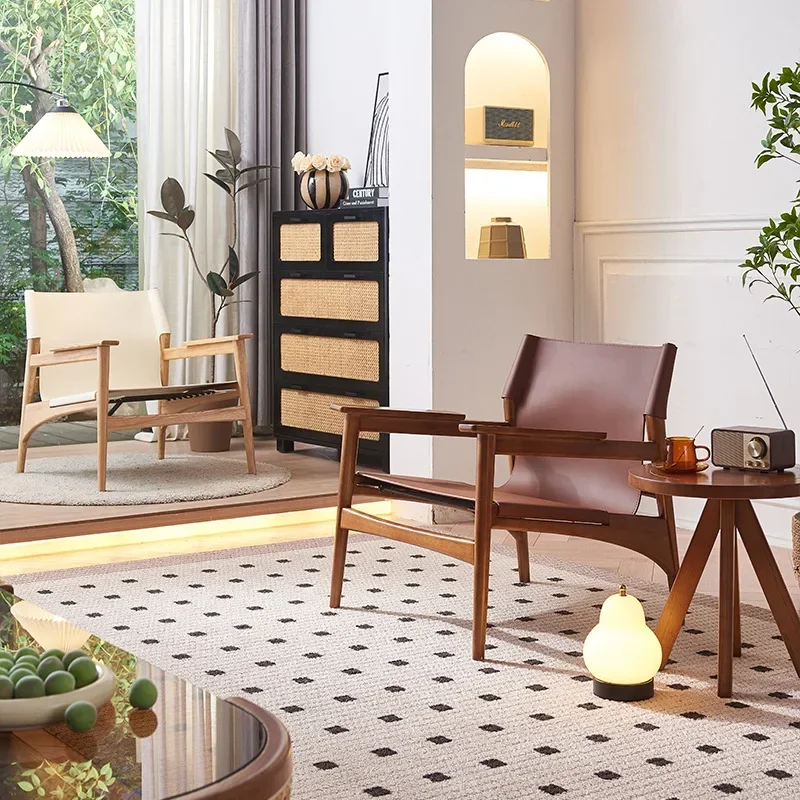 

Living room designer high-quality saddle leather leisure chair hotel homestay three-piece set of ash wood