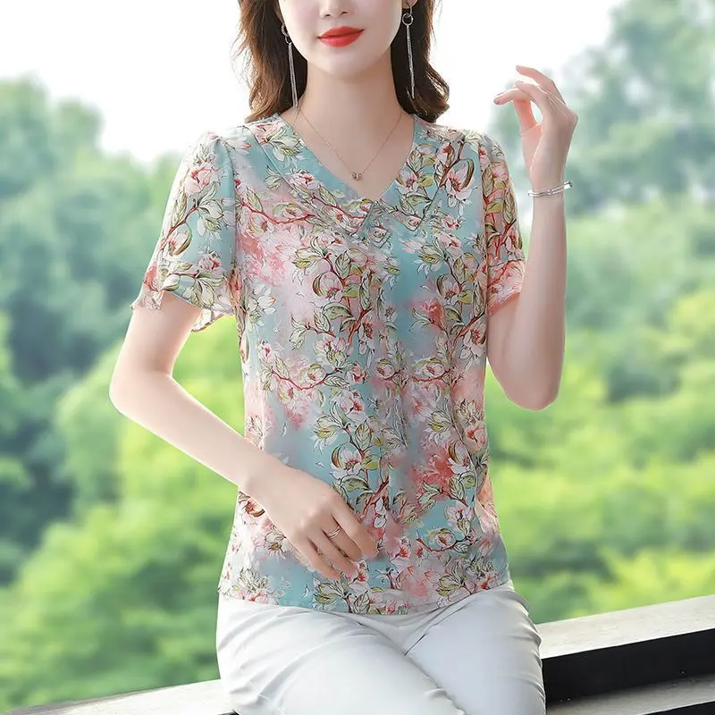 Female Clothing Turn-down Collar Fragmented Chiffon Shirt Women's Short Sleeve 2023 Summer New Blouse Loose Elegant Tops