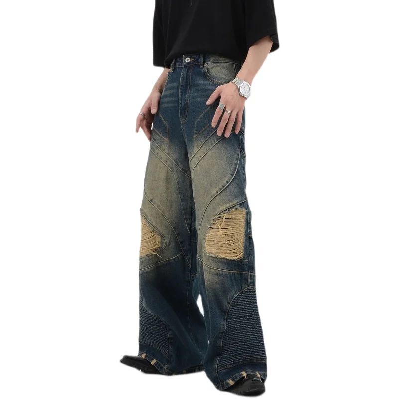 Schwere Vintage Wasch jeans zerrissen drei dimensionale gerade Hosen geschnitten Männer