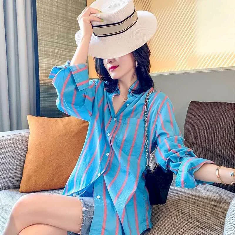 

Striped Shirts for Women Polo-neck Korean Fashion Cardigans Long Sleeve Casual Oversized Single Breasted Loose Blouse Women Tops