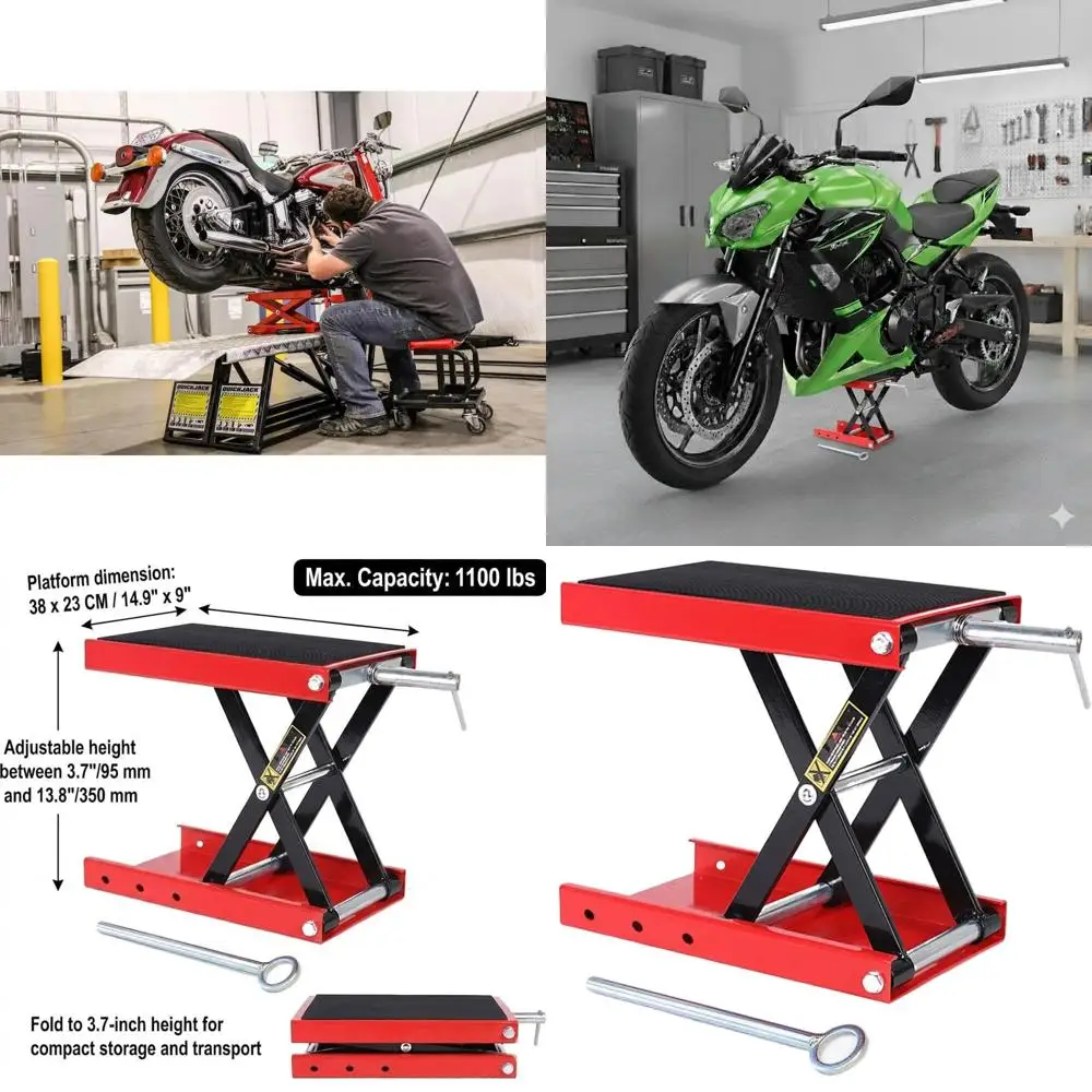 Sturdy 1100 LB Capacity Wide Deck Scissor Lift Stand for ATVs, Motorcycles & Scooters with Safety Bar