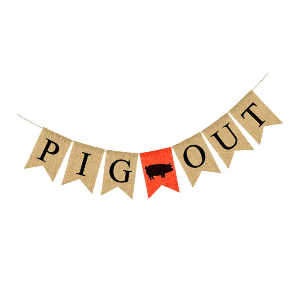 Themed Party Hanging Banners Letter PIG OUT Pull Flag Decorative Swallowtail Burlap Banner