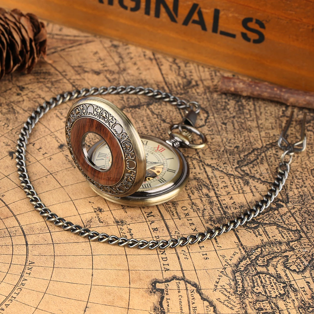 Vintage Red Wood Decor Hollow Bronze Mechanical Pocket Watch Roman Numerals Dial FOB Chain Pendant Clock Hand Winding Timepiece