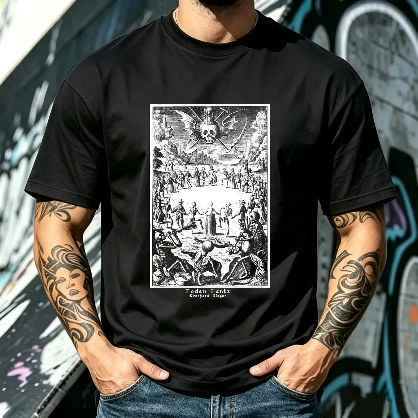 washed T Shirt Memento Mori Danse Macabre Dance of Death Occult skull skeleton Remember vintage Washed Top For Everyday Wear